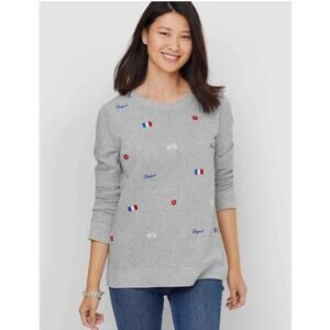 Talbots Womens XL Gray French Theme Embroidered Cotton Pullover Cozy Sweatshirt